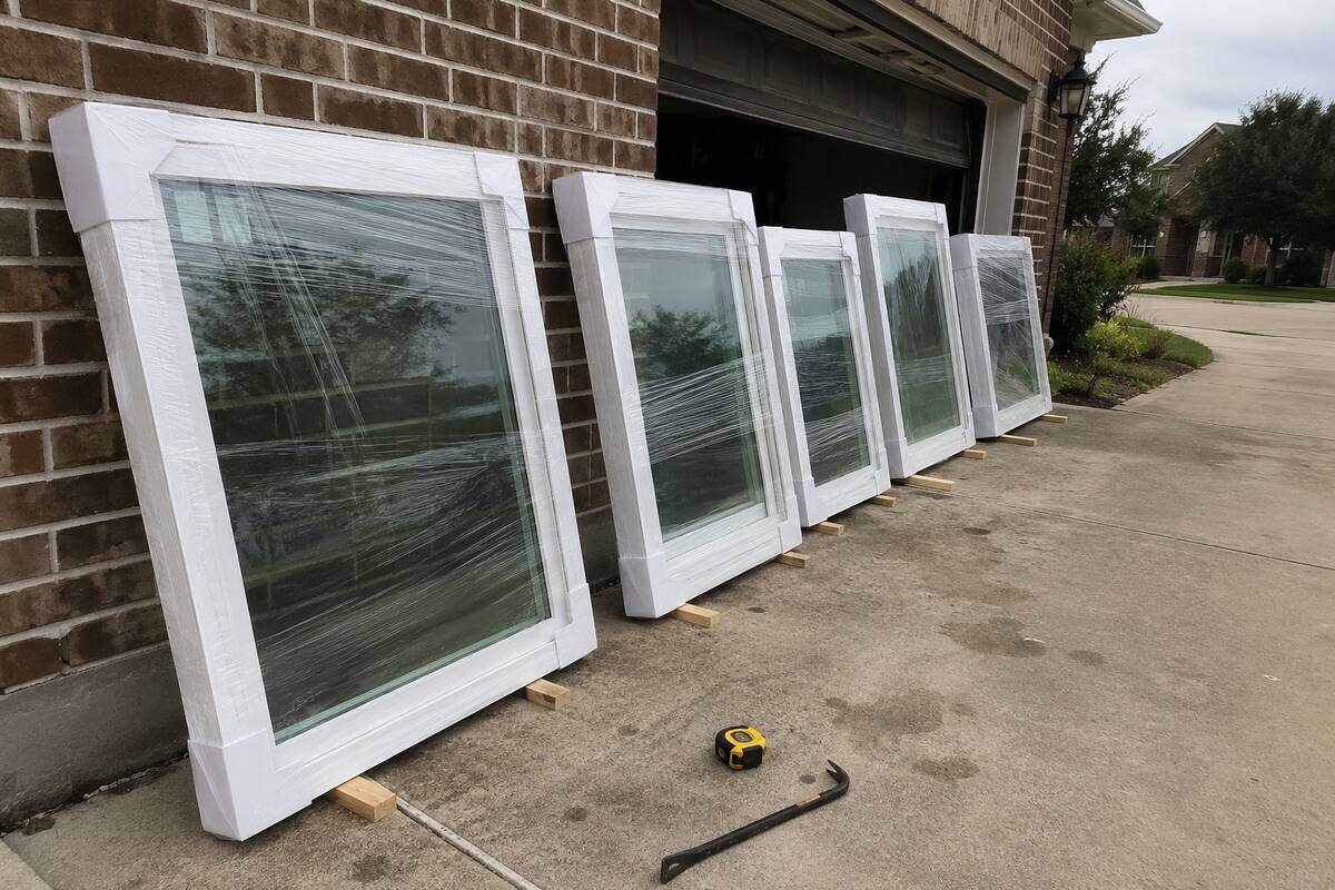 New replacement windows staged on a driveway before installation